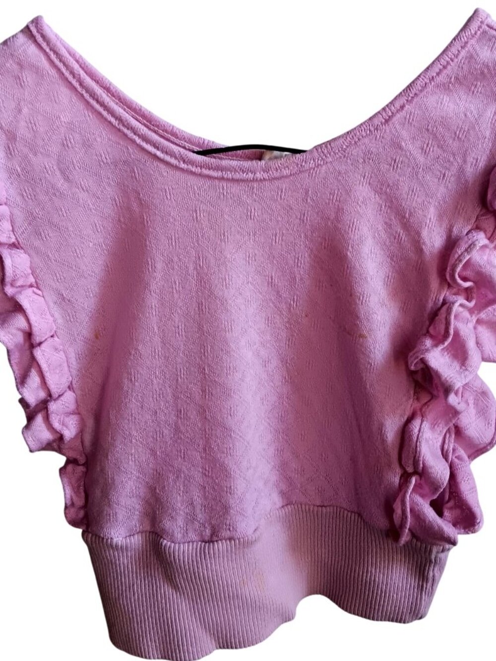 True Vintage Crop Top Girls 12 1970's Pink Ruffled Knit Textured Diamond Pattern